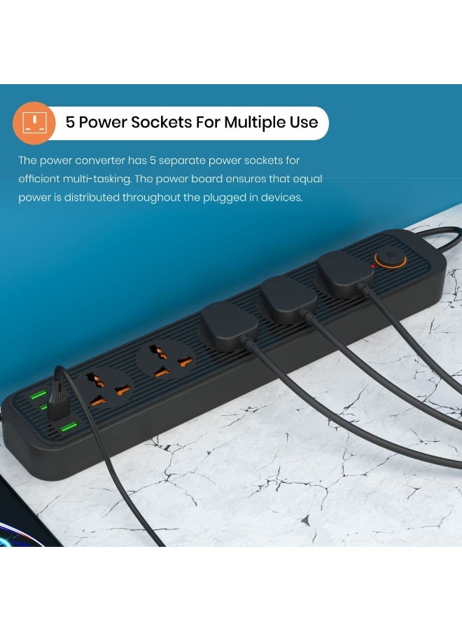 بورترونيكس Portronics Power Plate 6 with 4 USB Port + 5 Power Sockets Extension Board, 2500W Power Converter, Cord Length 3Mtr (Black) - Image 2
